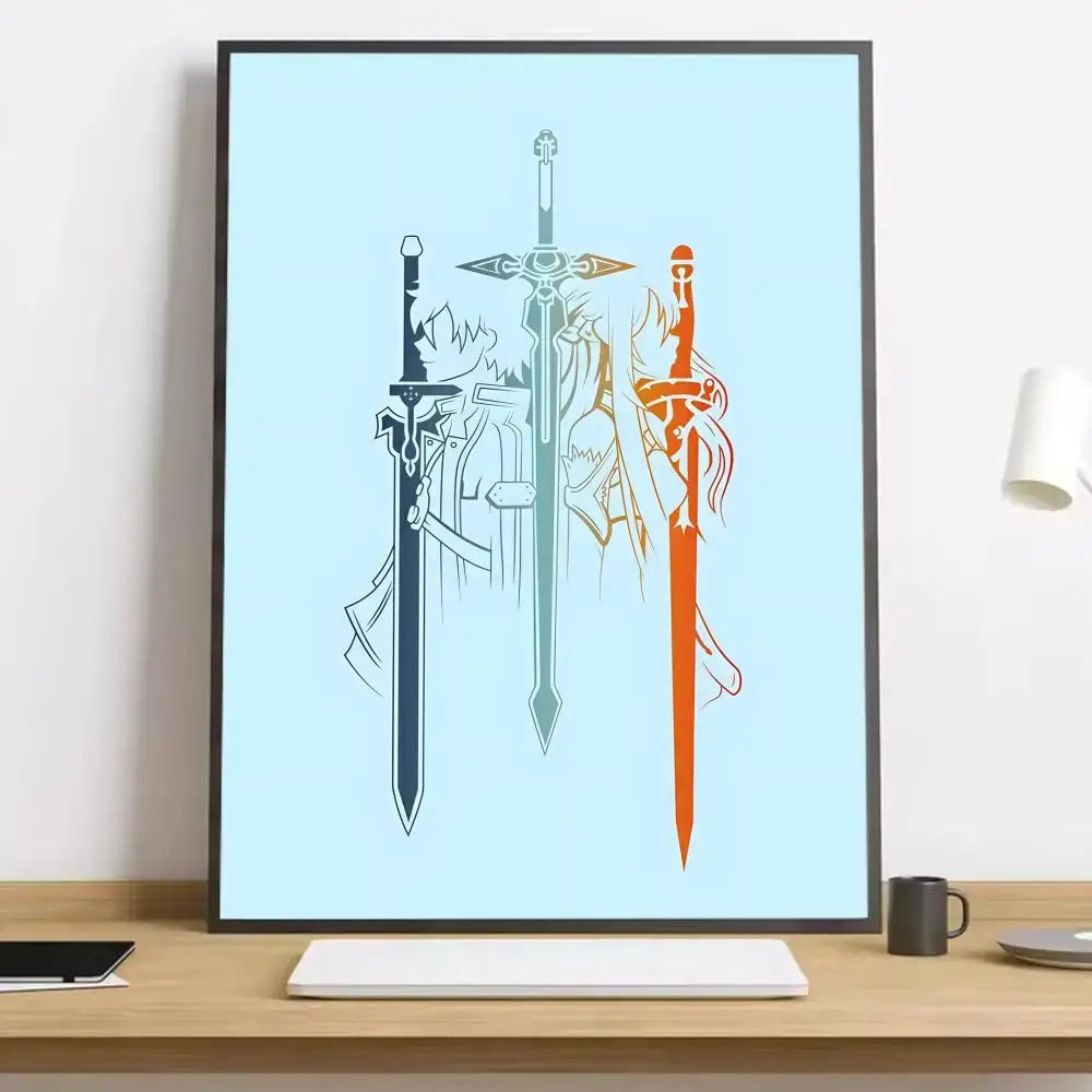 A sword art online kirito asuna canvas poster with stylized black teal and orange sword illustrations on light blue background