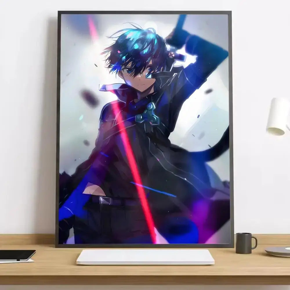 A framed sword art online asuna canvas poster featuring kirito in a black coat with glowing blue and red energy effects