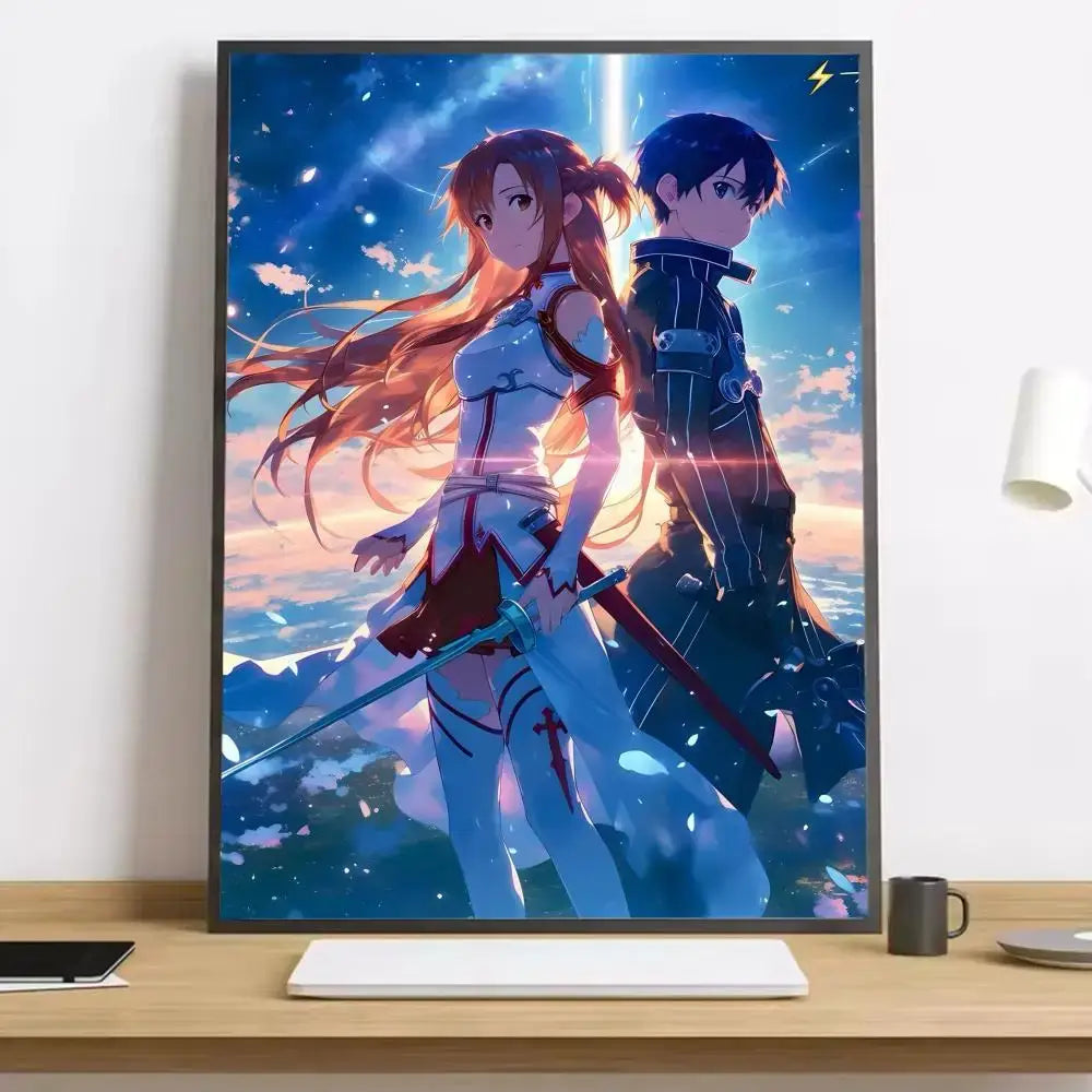 A framed sword art online asuna canvas poster featuring kirito and asuna in dynamic poses against a blue sky with stars