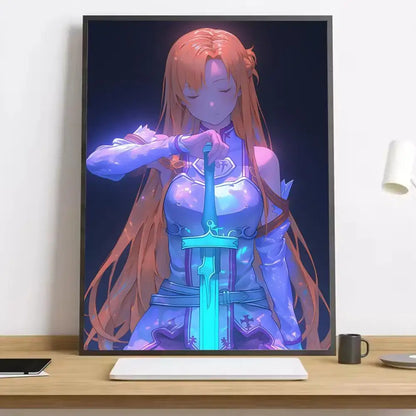 A sword art online asuna canvas poster featuring an anime character with long orange hair and glowing cyan sword in blue armor