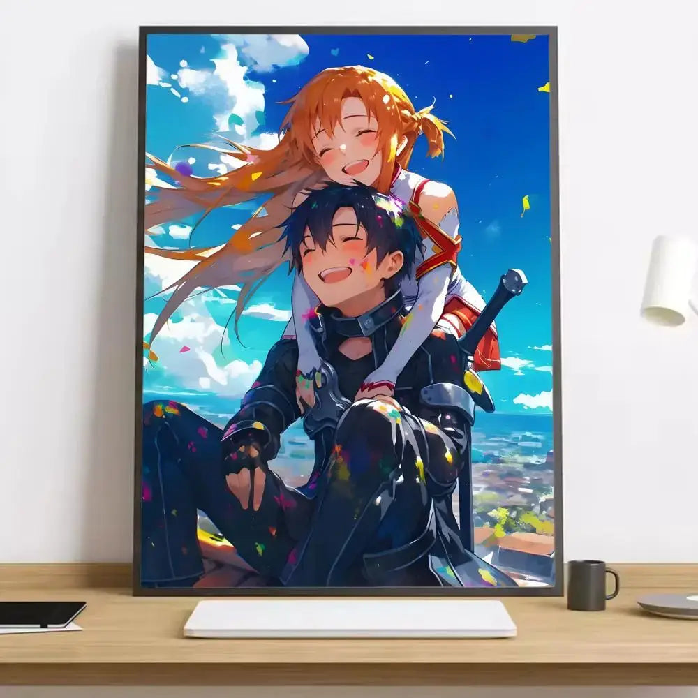 Vibrant sword art online asuna canvas poster featuring kirito and asuna with orange and black hair on blue sky background