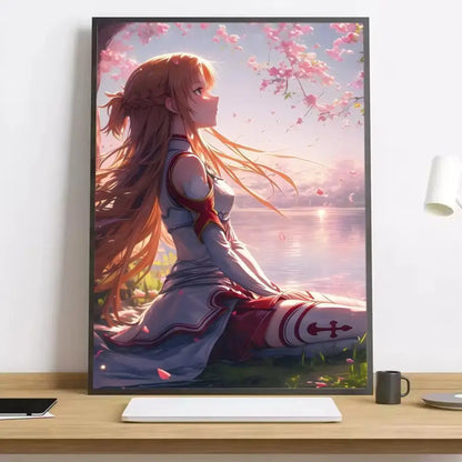A framed sword art online asuna canvas poster featuring a long-haired female character in white and red by cherry blossoms