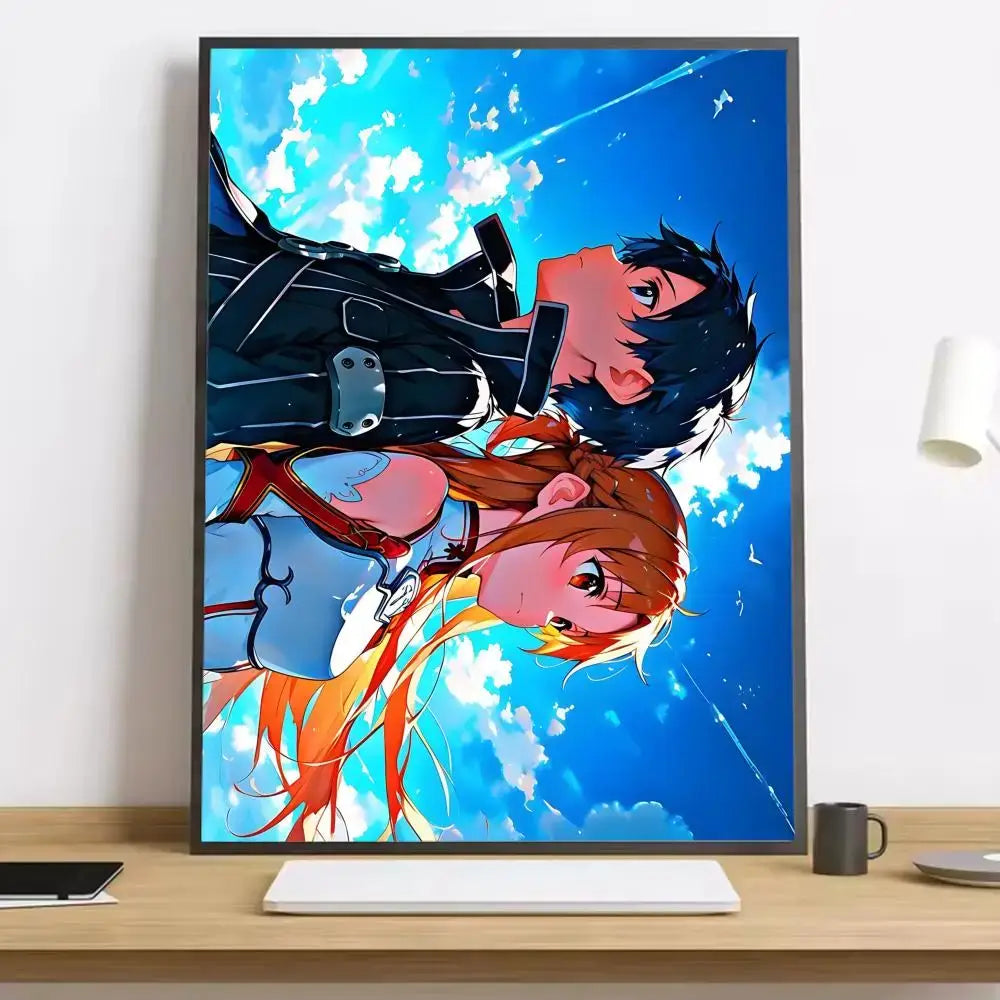 A sword art online asuna canvas poster featuring kirito and asuna in vivid colors against a blue sky background