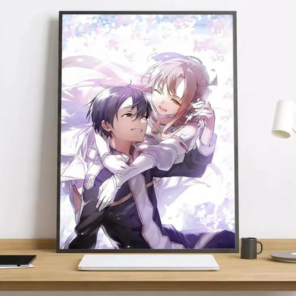 A framed sword art online asuna canvas poster featuring kirito and asuna in a tender embrace with cherry blossoms