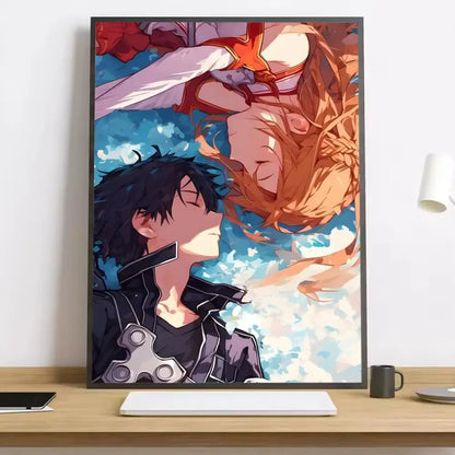 A framed sword art online asuna canvas poster featuring kirito and asuna in a dynamic romantic pose on blue orange background