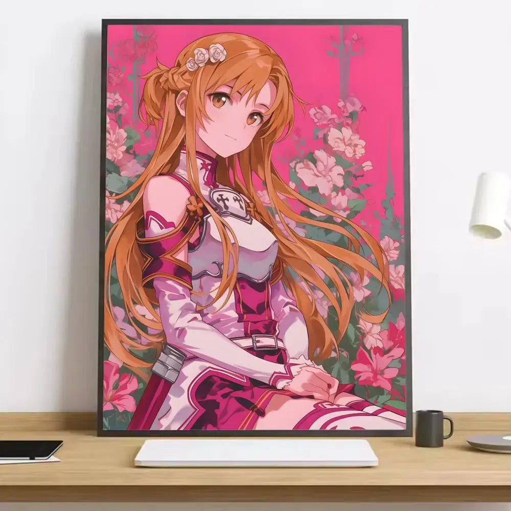 A framed sword art online asuna canvas poster featuring a character with long orange hair and pink floral background