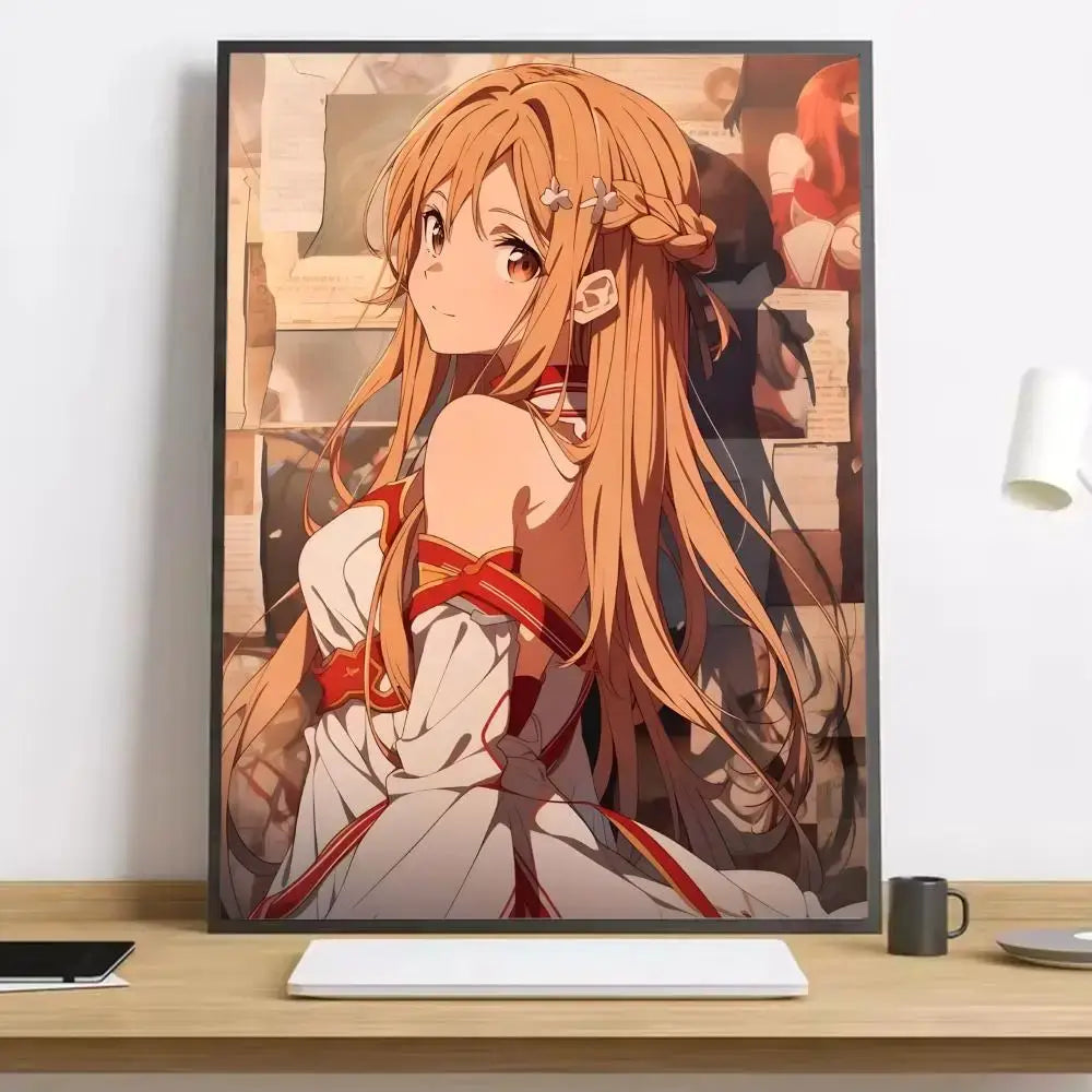 Framed sword art online asuna canvas poster featuring a character with long orange hair and red attire accents