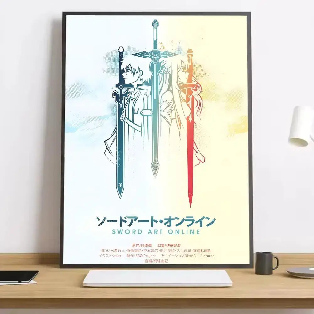 A framed sword art online asuna canvas poster with stylized anime characters and a gradient background in hd print