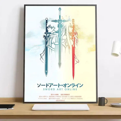 A framed sword art online asuna canvas poster with stylized anime characters and a gradient background in hd print