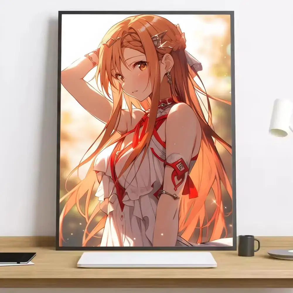 Framed sword art online asuna canvas poster featuring character with long orange hair and red ribbon accents in hd print