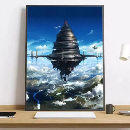 A sword art online kirito asuna canvas poster featuring a dark metallic floating city against a blue sky with clouds