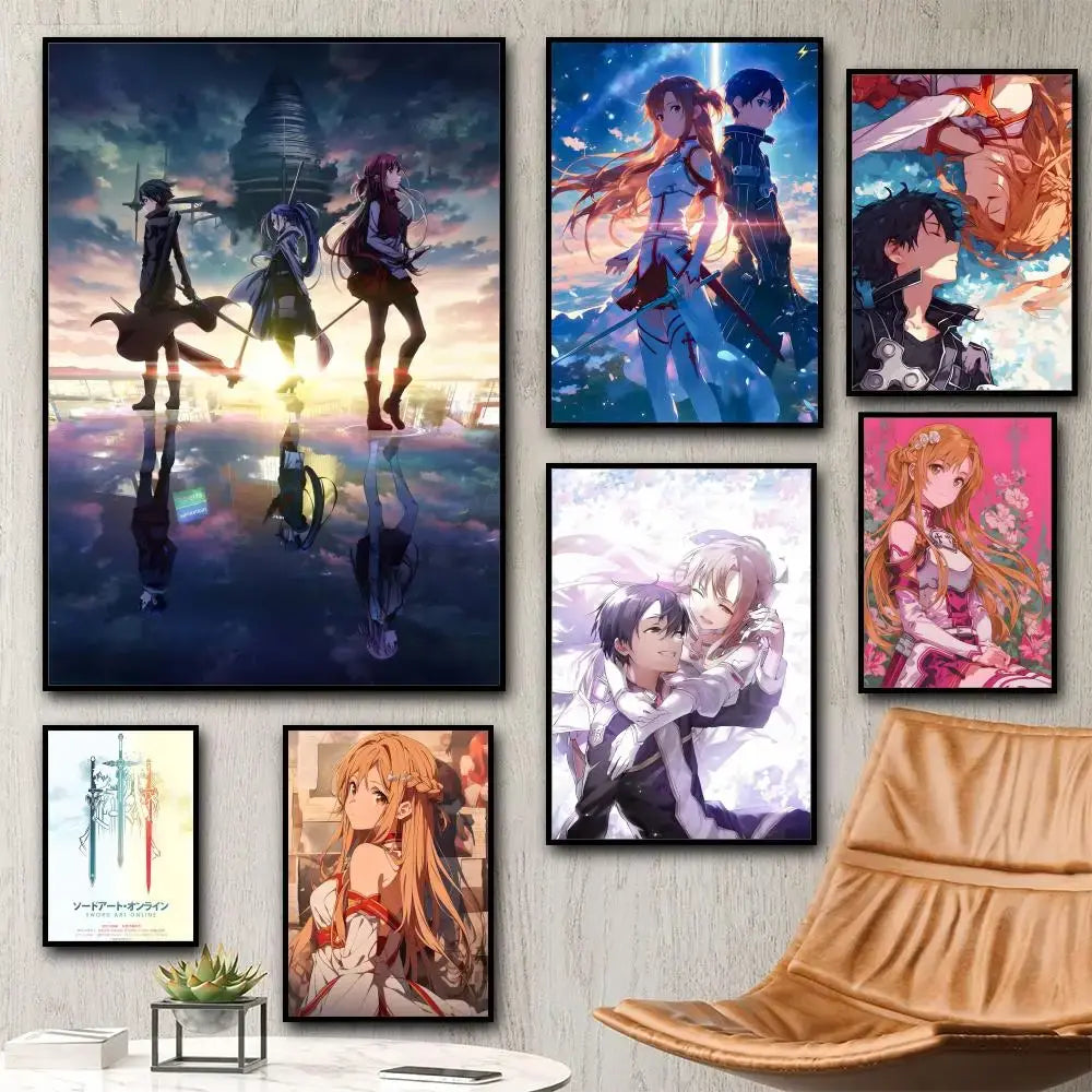 Set of six black framed sword art online anime posters featuring kirito and asuna canvas poster hd print artwork