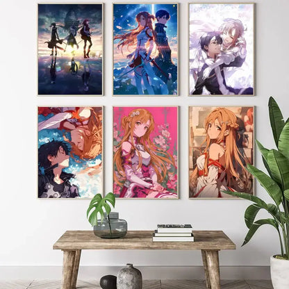 Six framed sword art online anime art prints featuring kirito and asuna arranged on a white wall asuna canvas poster