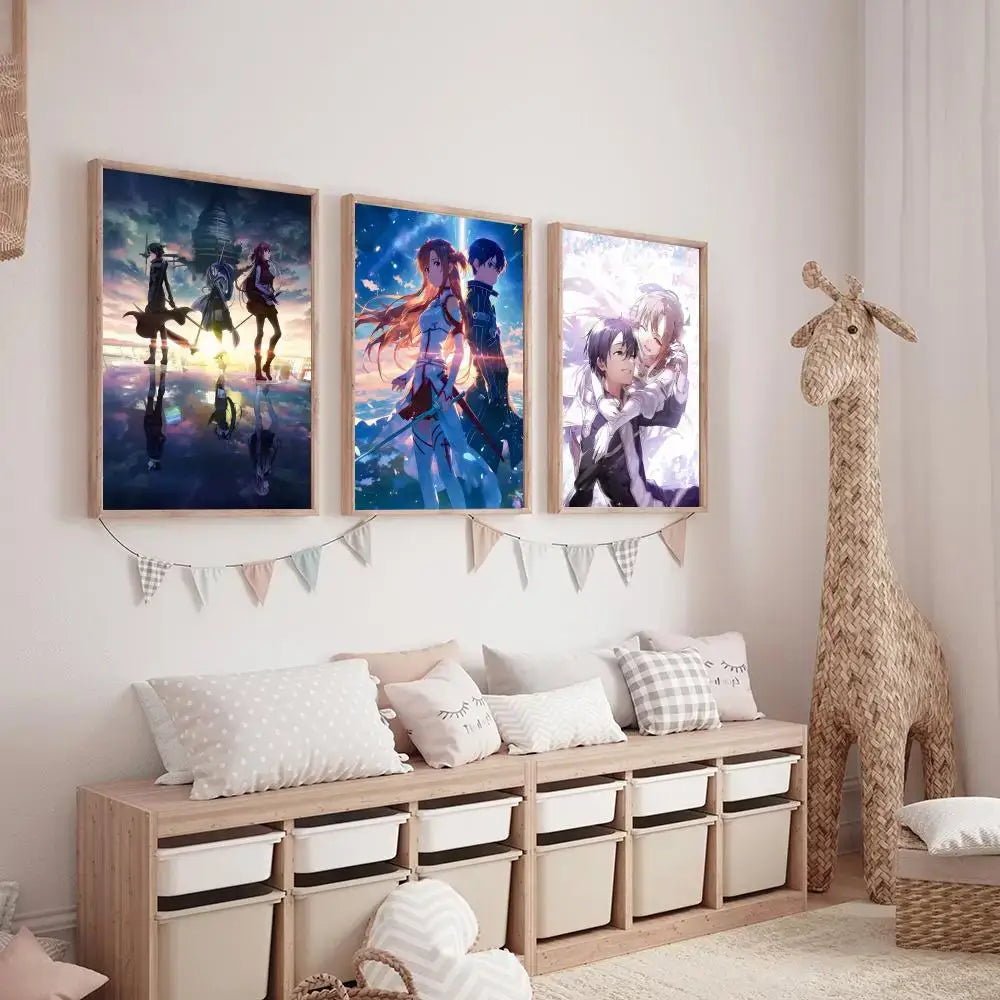 Three wooden framed sword art online asuna canvas posters hang above a storage bench in hd print