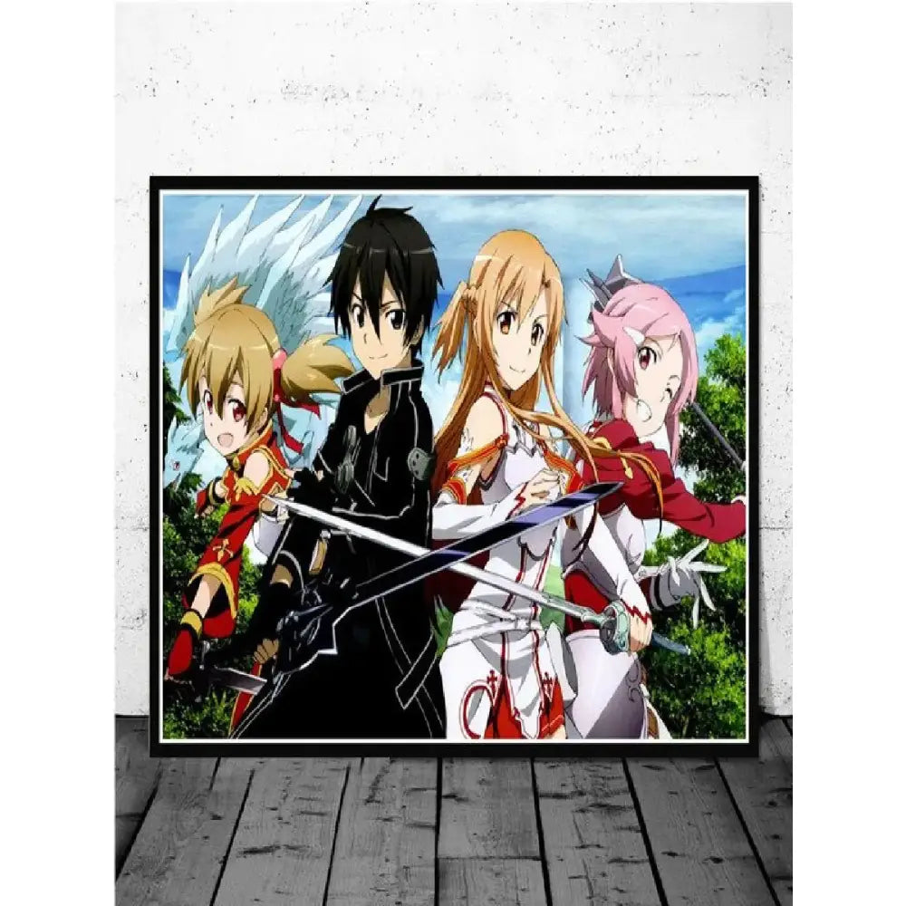 Black-framed sword art online kirito asuna canvas wall art featuring main characters with swords outdoors
