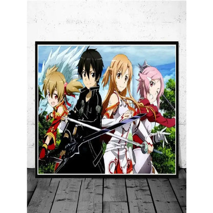 Black-framed sword art online kirito asuna canvas wall art featuring main characters with swords outdoors