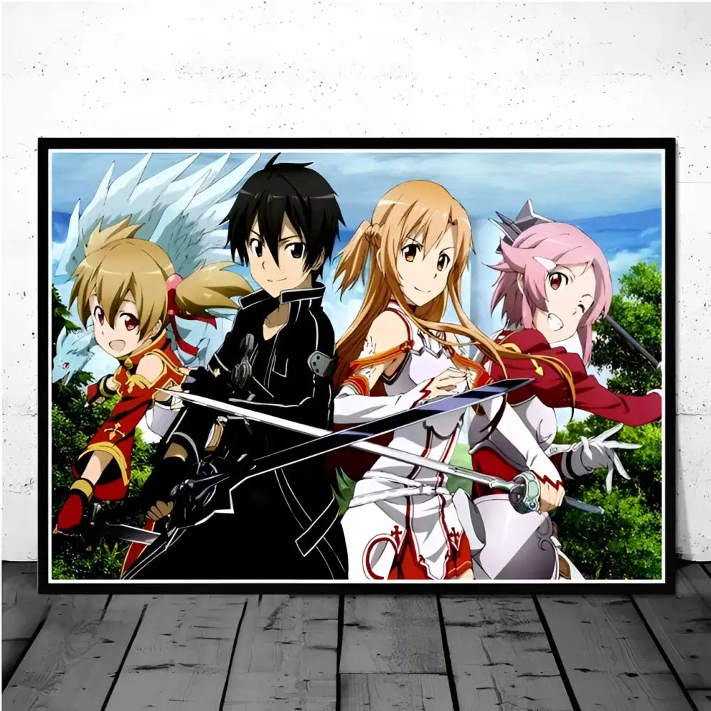 Black-framed sword art online kirito asuna canvas wall art with four vibrant characters detailed poster print