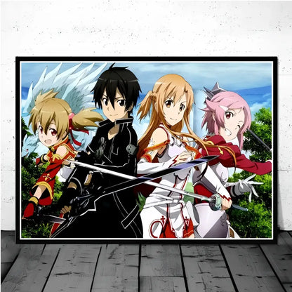 Black-framed sword art online kirito asuna canvas wall art with four vibrant characters detailed poster print