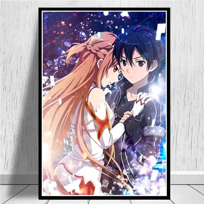 Black-framed sword art online kirito asuna canvas wall art featuring kirito in dark attire and asuna in white and orange against a cosmic background