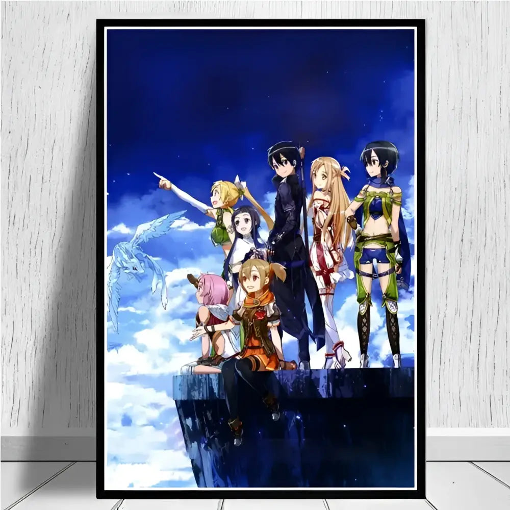 Black-framed sword art online kirito asuna canvas wall art poster print with anime characters on starry blue sky background