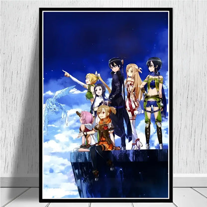 Black-framed sword art online kirito asuna canvas wall art poster print with anime characters on starry blue sky background