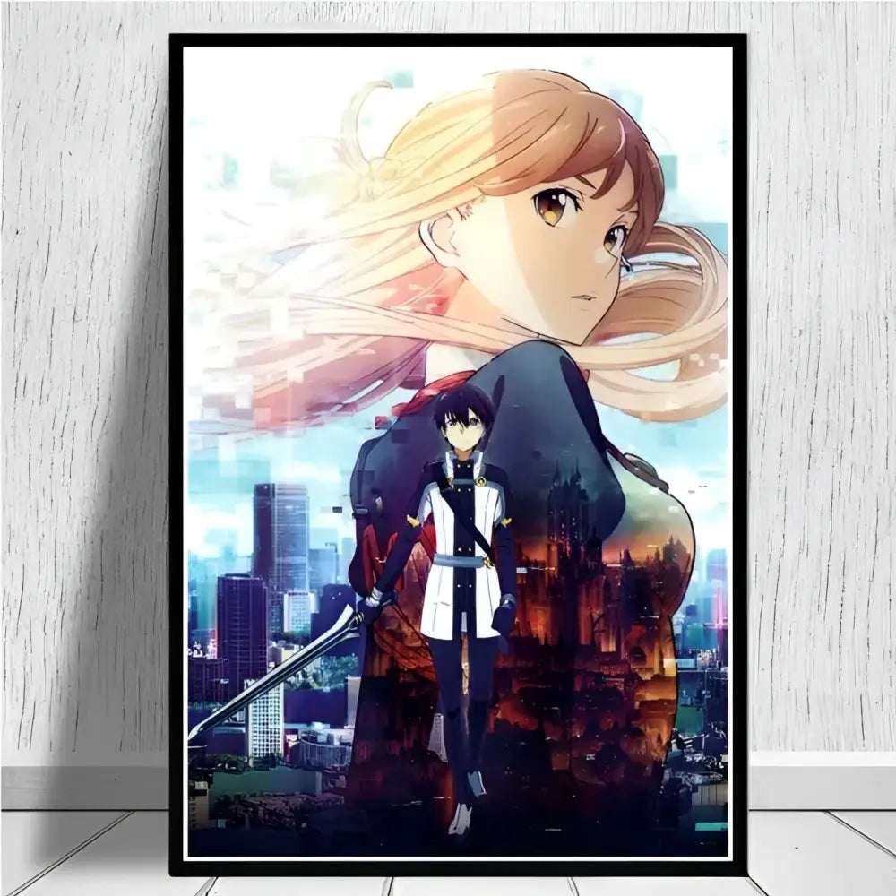 Black-framed sword art online kirito asuna canvas wall art featuring blonde asuna and dark kirito with sword cityscape poster print