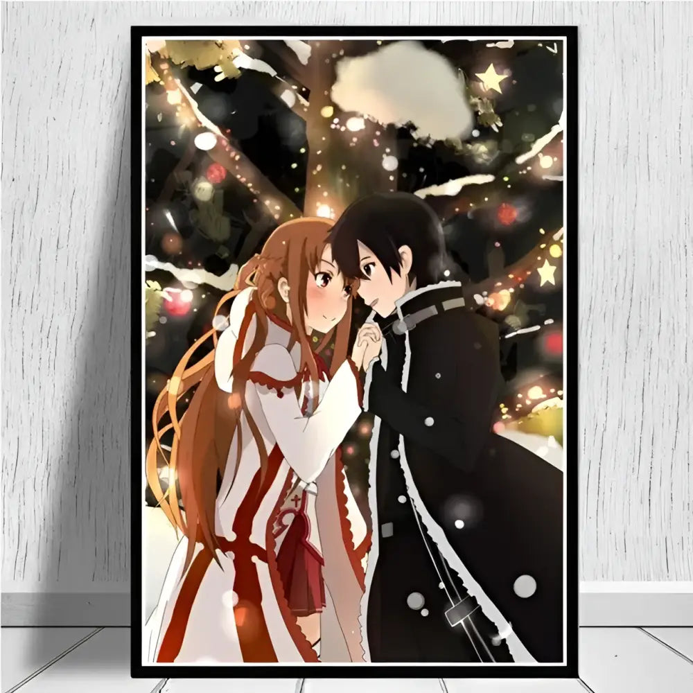 Black-framed sword art online kirito asuna canvas wall art featuring festive snowy scene with warm lights and stars