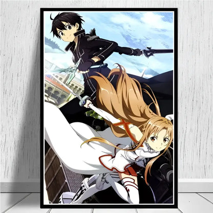 Black-framed sword art online kirito asuna canvas wall art poster print with kirito and asuna in dynamic combat poses