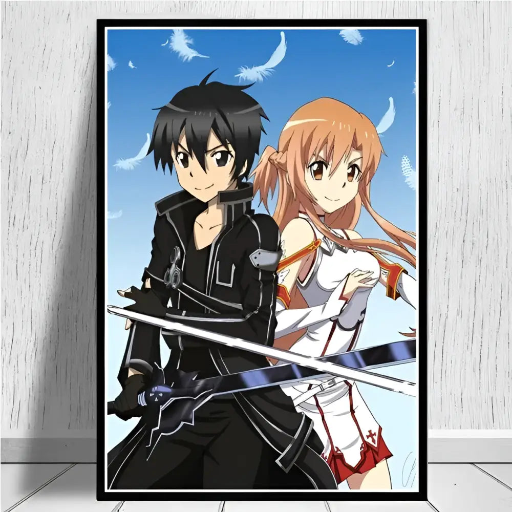 Black-framed sword art online kirito asuna canvas wall art poster print with kirito in black and asuna in white armor