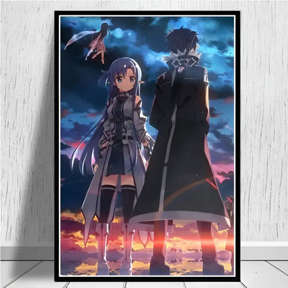 Black-framed sword art online kirito asuna canvas wall art poster print with vibrant twilight sky background