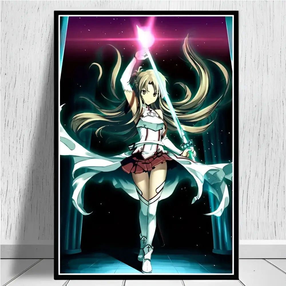 Framed sword art online kirito asuna canvas wall art poster print featuring blonde asuna with glowing sword cosmic background