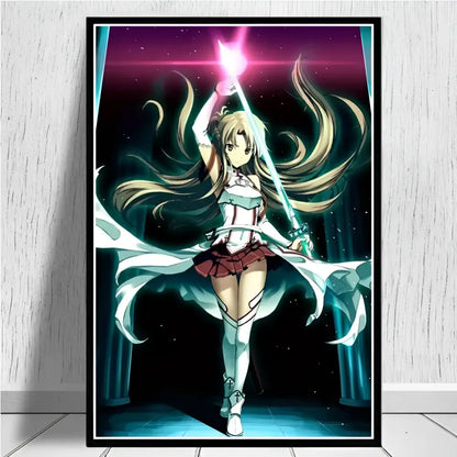 Framed sword art online kirito asuna canvas wall art poster print featuring blonde asuna with glowing sword cosmic background