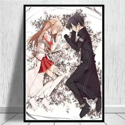 Black-framed sword art online kirito asuna canvas poster featuring romantic anime characters with detailed linework and shading