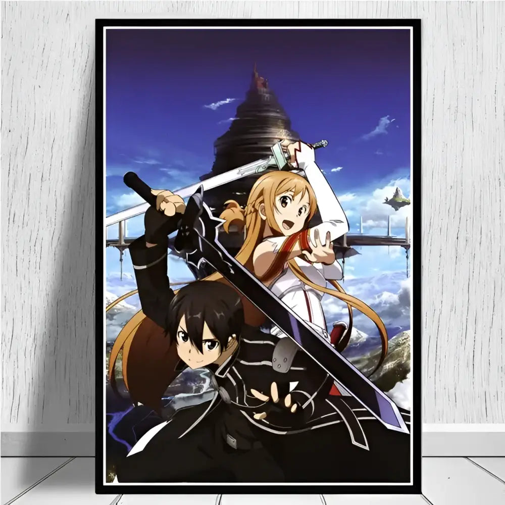 Black-framed sword art online kirito asuna canvas wall art poster print featuring asuna and kirito with swords under twilight sky