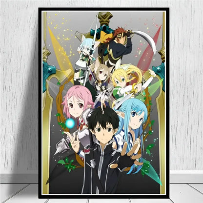 Black-framed sword art online kirito asuna canvas wall art poster print with vibrant colorful anime artwork