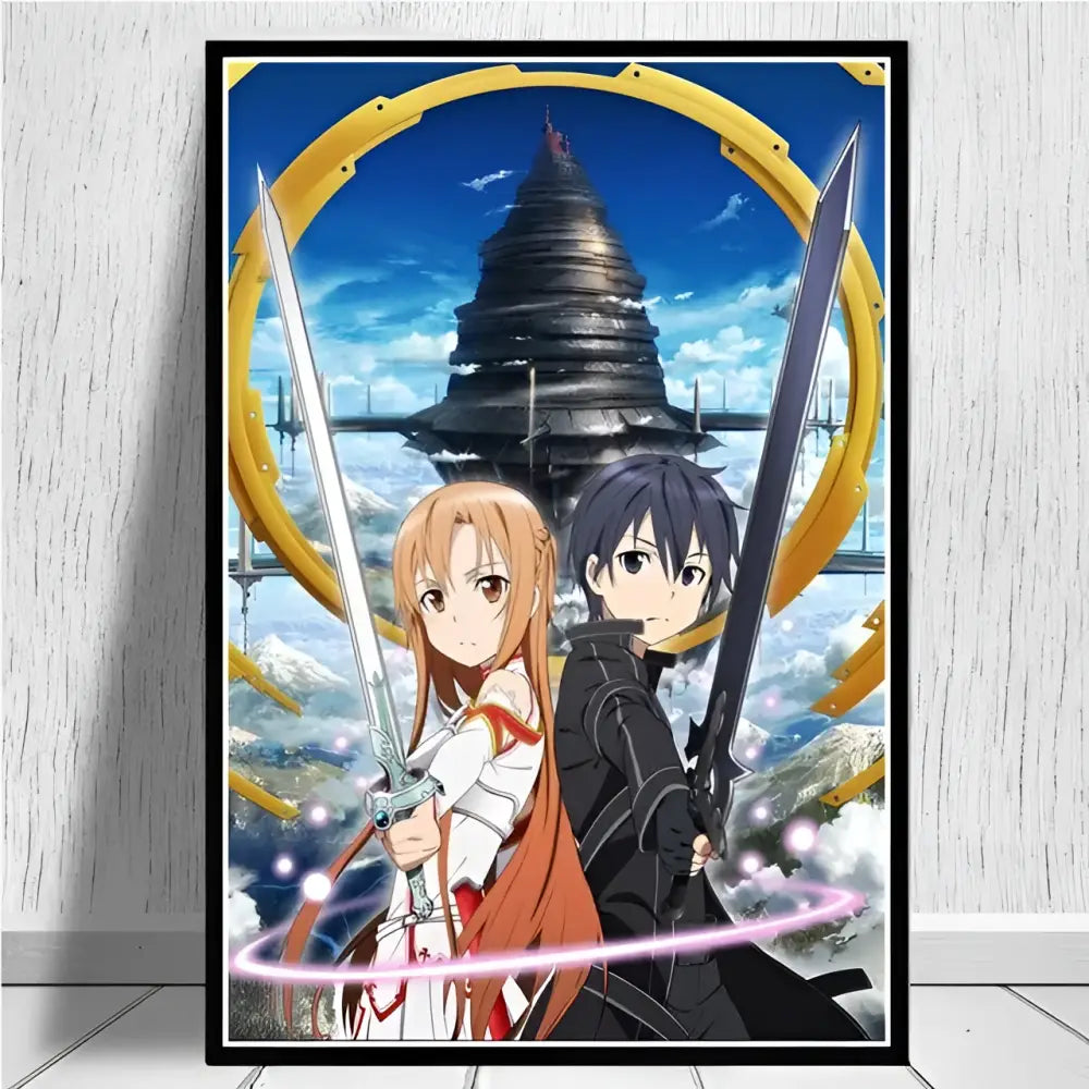 Anime-style framed sword art online poster featuring kirito and asuna with vibrant colors in detailed asuna canvas wall art
