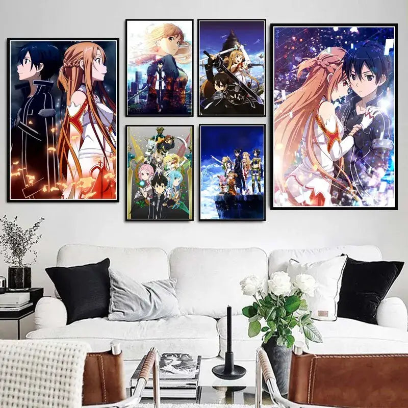 Six framed sword art online kirito asuna canvas posters displayed in a modern living room setting asuna canvas wall art