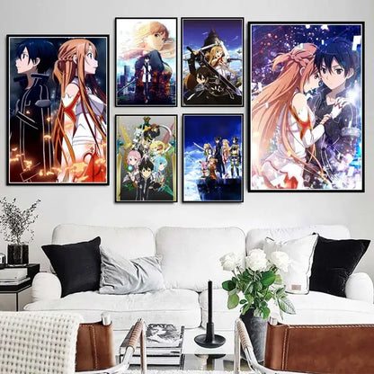 Six framed sword art online kirito asuna canvas posters displayed in a modern living room setting asuna canvas wall art