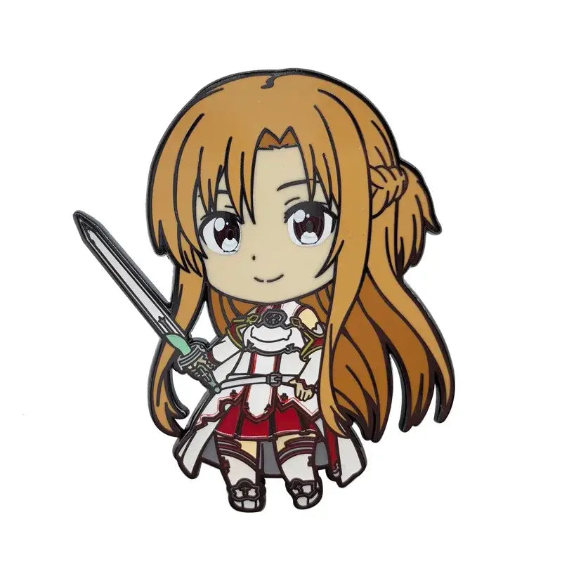Chibi-style asuna metal pin from sword art online with long orange hair white and red outfit and sword for backpacks
