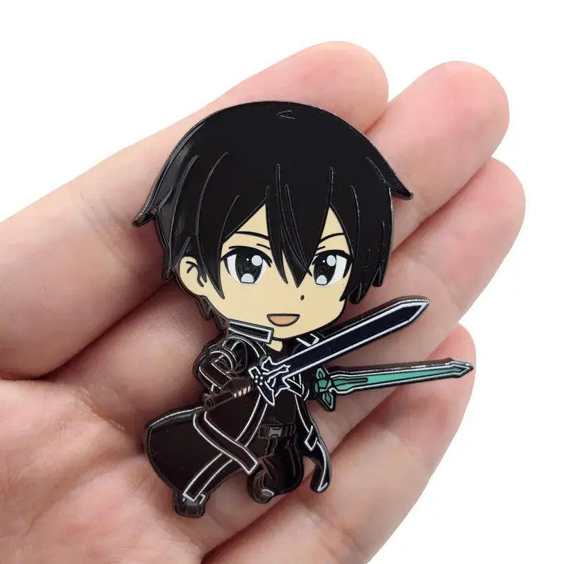 Black chibi-style enamel pin of sword art online kirito holding two swords with white outline detailing for backpacks