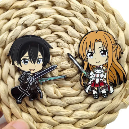 Chibi-style sword art online kirito and asuna metal pins featuring teal and silver swords for backpacks and brooches