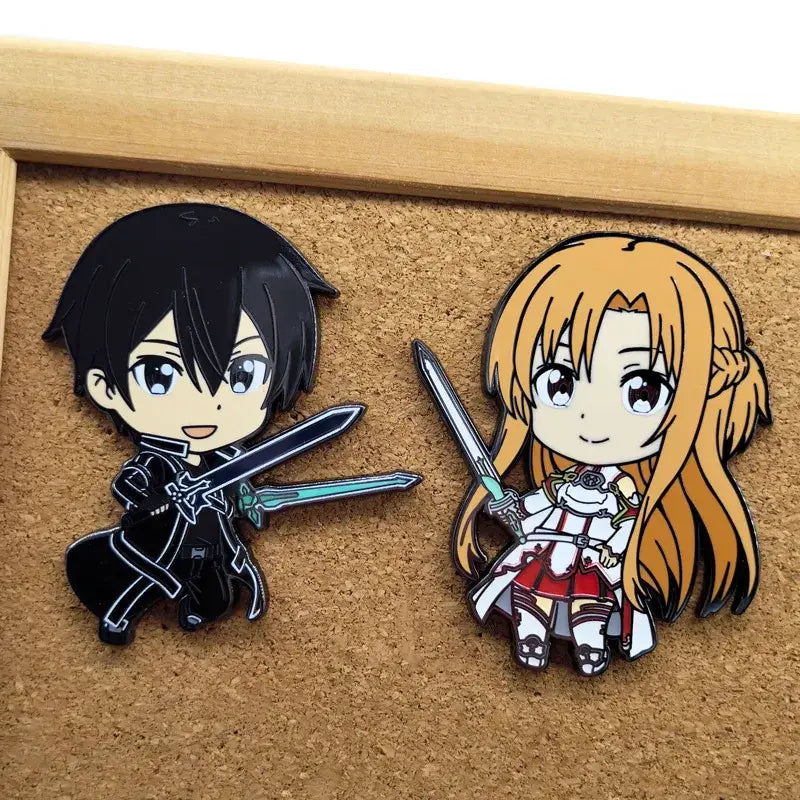 Chibi sword art online kirito and asuna metal pins featuring black and orange-haired anime characters in dynamic sword poses