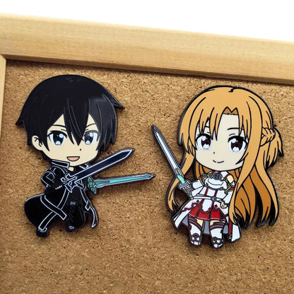 Chibi sword art online kirito and asuna metal pins featuring black and orange-haired anime characters in dynamic sword poses