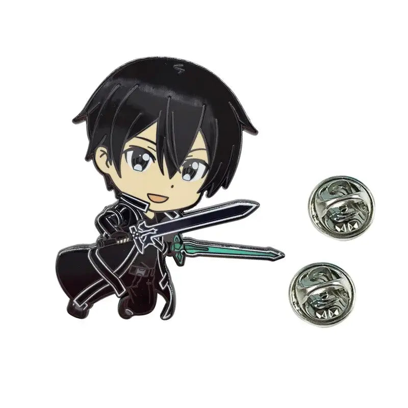 Chibi-style sword art online kirito metal pin with black hair green sword glossy enamel finish and metallic clasp