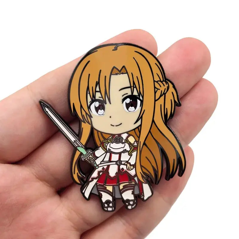 Chibi style asuna metal pin from sword art online with orange hair white and red outfit holding a sword backpack brooch