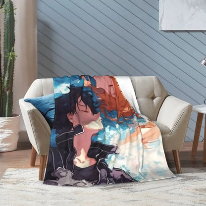 Soft fleece throw blanket featuring vibrant online kirito asuna anime art with swirling blue and orange background