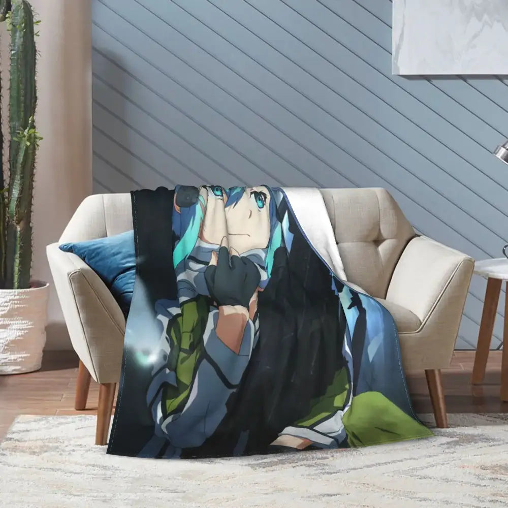 Soft fleece throw blanket featuring vibrant art online kirito and asuna with teal hair and blue eyes on cozy fabric