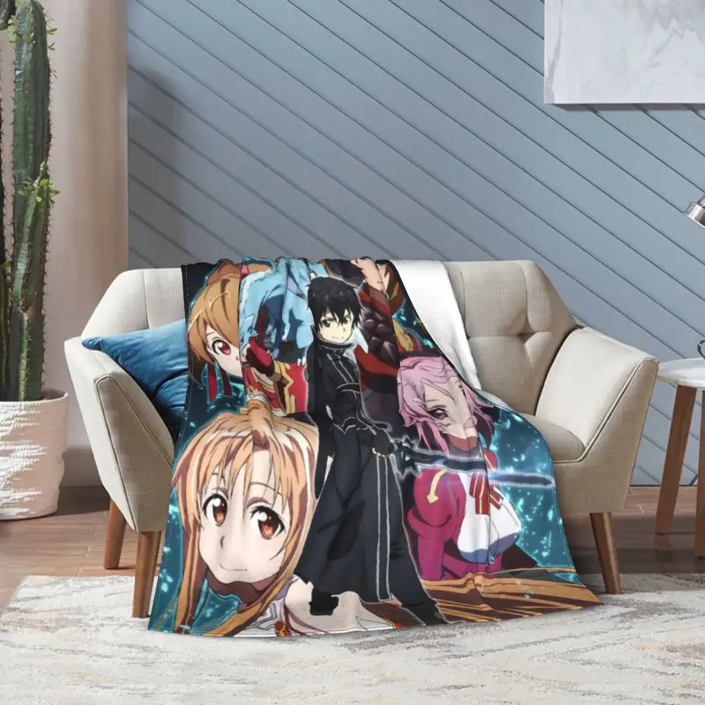 Soft fleece throw blanket featuring vibrant sword art online kirito asuna characters with glowing blue and teal backgrounds