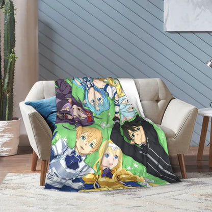 Green and blue soft fleece throw blanket featuring art online Kirito and Asuna characters from sword art online