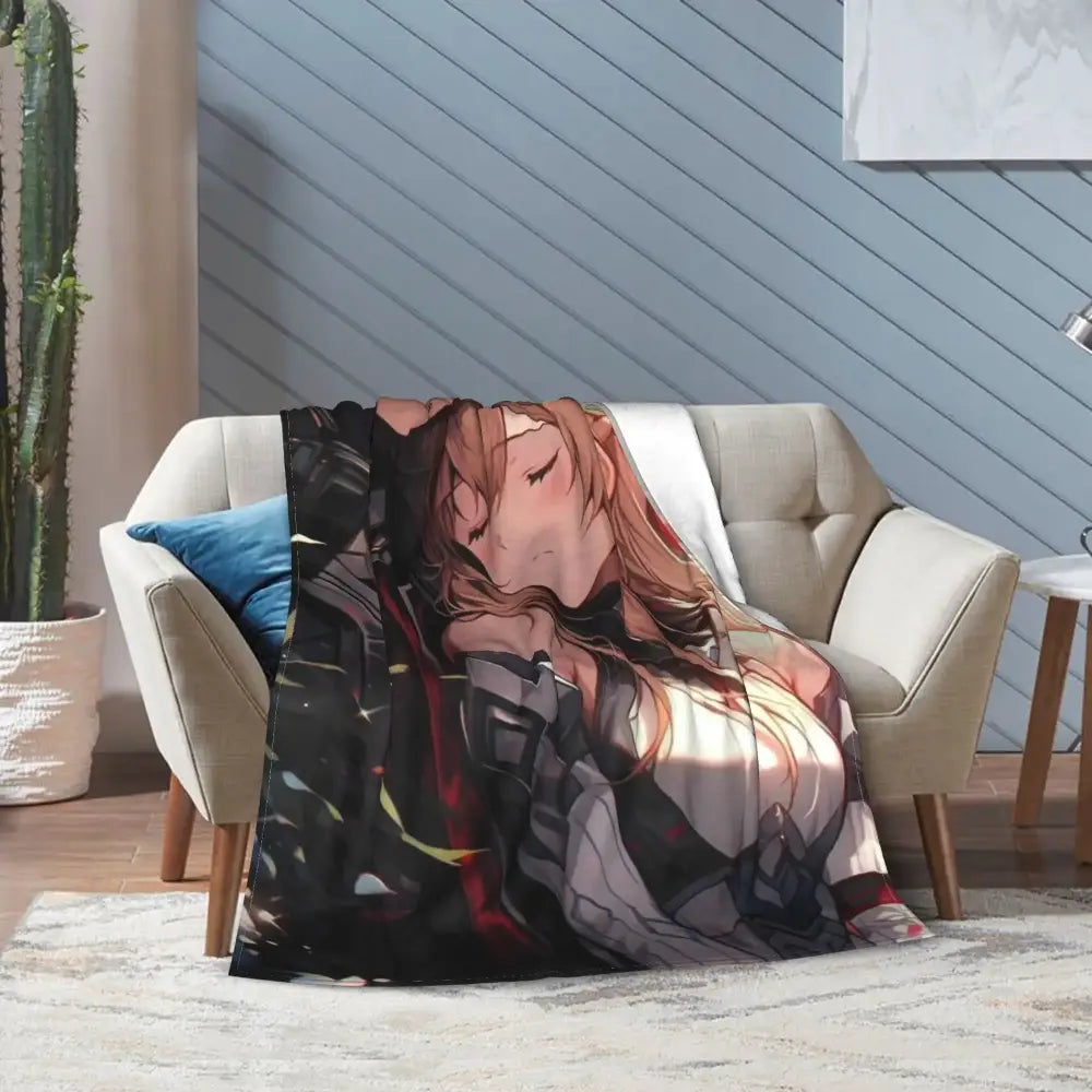 Soft fleece throw blanket featuring vibrant art online kirito asuna with reddish-brown hair and futuristic armor